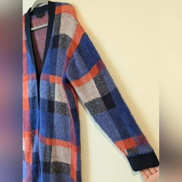 Ann Taylor Blue Orange Plaid Longline Button-Up Oversized Boyfriend Cardigan - Picture 9 of 13